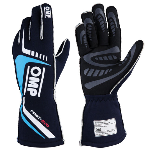 OMP First-Evo Fireproof Racing Gloves 2020 - Navy Blue/Cyan - Fast Racer