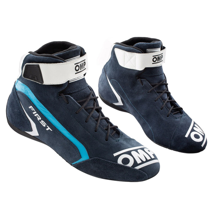 OMP First Racing Shoes, First Race Shoes, First Race Boots  - Pair - Navy Blue / Cyan - Fast Racer